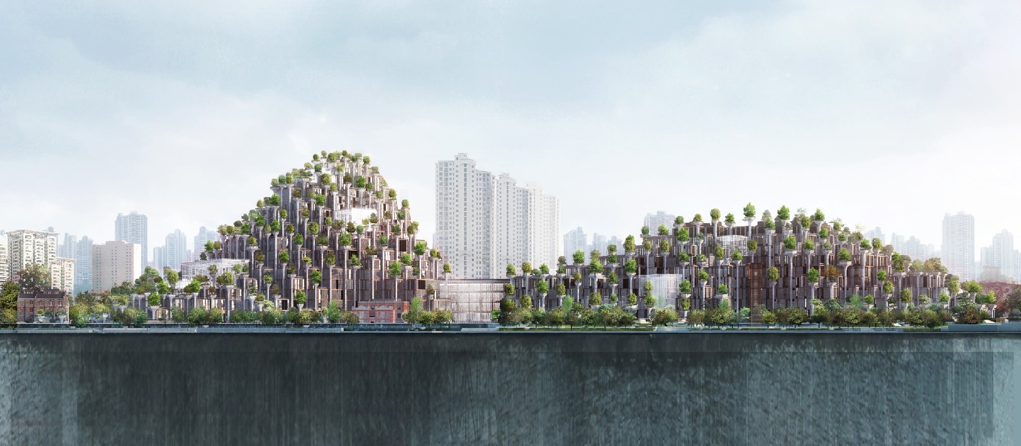 ساختمان 1000 Trees در شانگهای ، نمایی از کوه‌های پوشیده از درخت را ارائه می‌کند